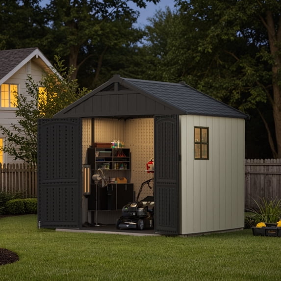 Patiowell 8' x 6' Plastic Outdoor Storage Shed with Light & Window & Lockable Doors for Garden, Backyard, Patio Use, Gray & White
