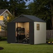 Patiowell 8' x 6' Plastic Outdoor Storage Shed with Light & Window & Lockable Doors for Garden, Backyard, Patio Use, Gray & White