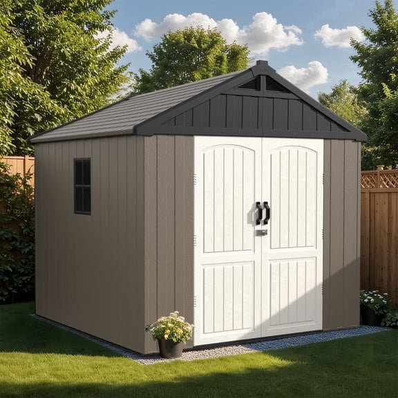 Patiowell 8' x 8' Plastic Outdoor Storage Shed with Window & Lockable Doors for Garden, Backyard, Patio Use, Dark Gray