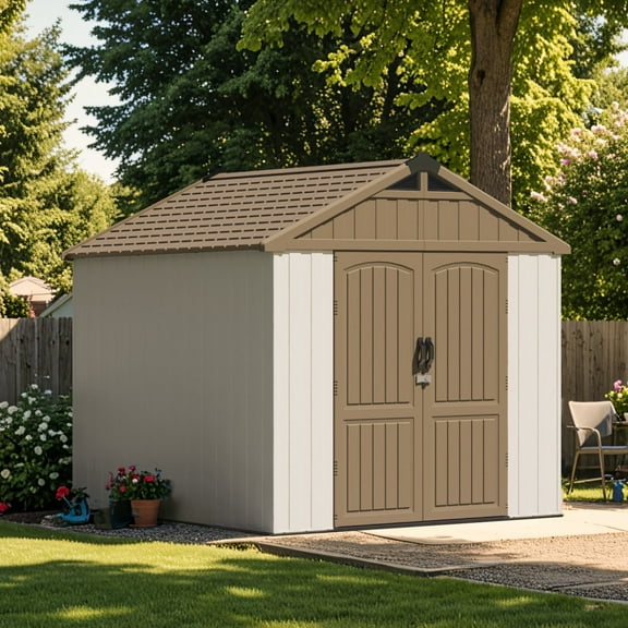 Patiowell 8' x 8' Resin Outdoor Storage Shed w/Floor, Lockable Door & Window, Easy Assembly Tool Storage for Backyard, Brown & Beige