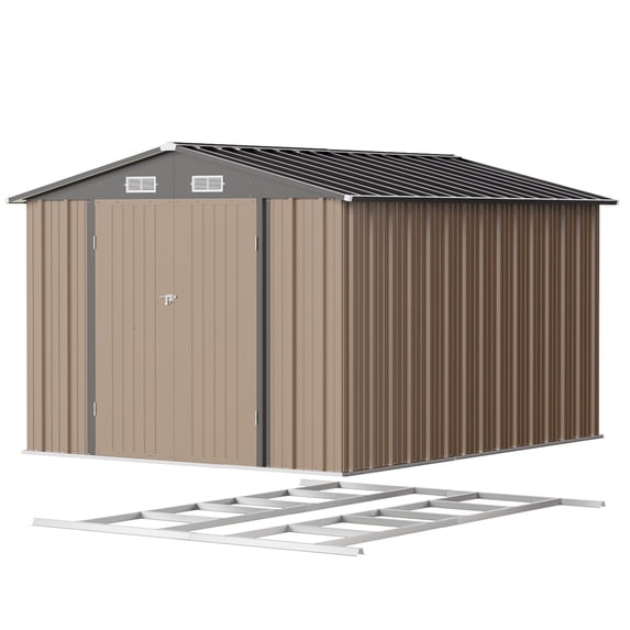 Patiowell 8'x10' Metal Outdoor Storage Shed with Floor Frame & Double Lockable Doors for Garden, Backyard, Patio, Brown