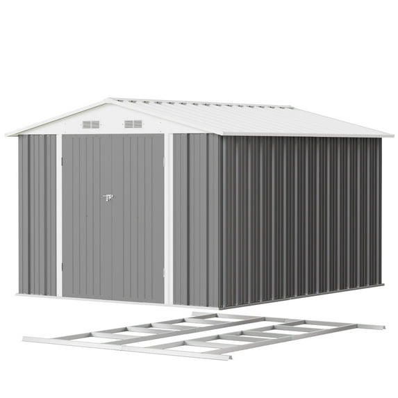 Patiowell 8'x10' Metal Outdoor Storage Shed with Floor Frame & Double Lockable Doors for Garden, Backyard, Patio, Gray