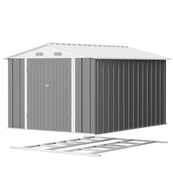 Patiowell 8'x10' Metal Outdoor Storage Shed with Floor Frame & Double Lockable Doors for Garden, Backyard, Patio, Gray