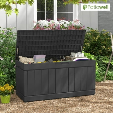 Patiowell 82 Gallon Deck Box Outdoor Storage Resin Wood Look Storage Box with Lockable lid for Patio Furniture, Black