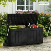 Patiowell 82 Gallon Deck Box Outdoor Storage Resin Wood Look Storage Box with Lockable lid for Patio Furniture, Black