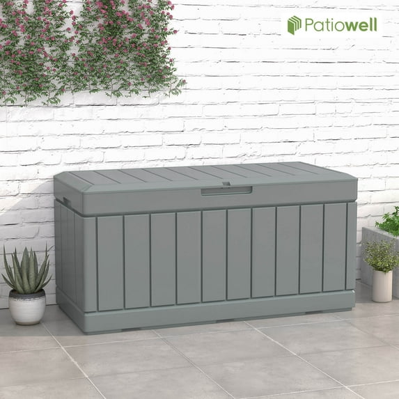 Patiowell 82 Gallon Deck Box Outdoor Storage Resin Wood Look Storage Box with Lockable lid for Patio Furniture, Gray