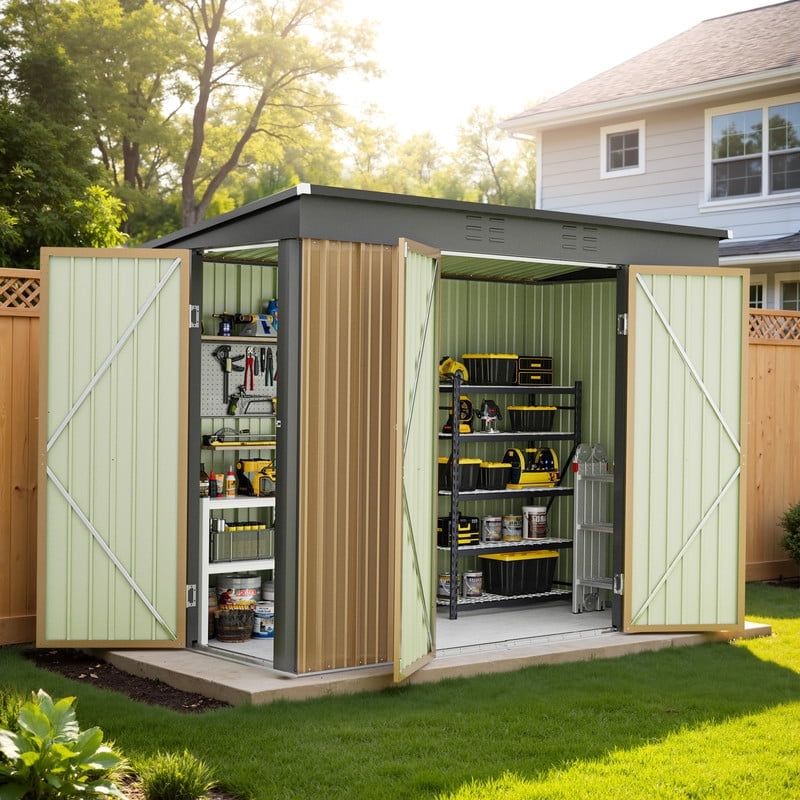 Patiowell 8x4FT Outdoor Metal Storage Shed with 3 Doors, Heavy-Duty Steel Garden Tool Shed, Brown Weather-Resistant Utility Cabinet for Patio, Yard