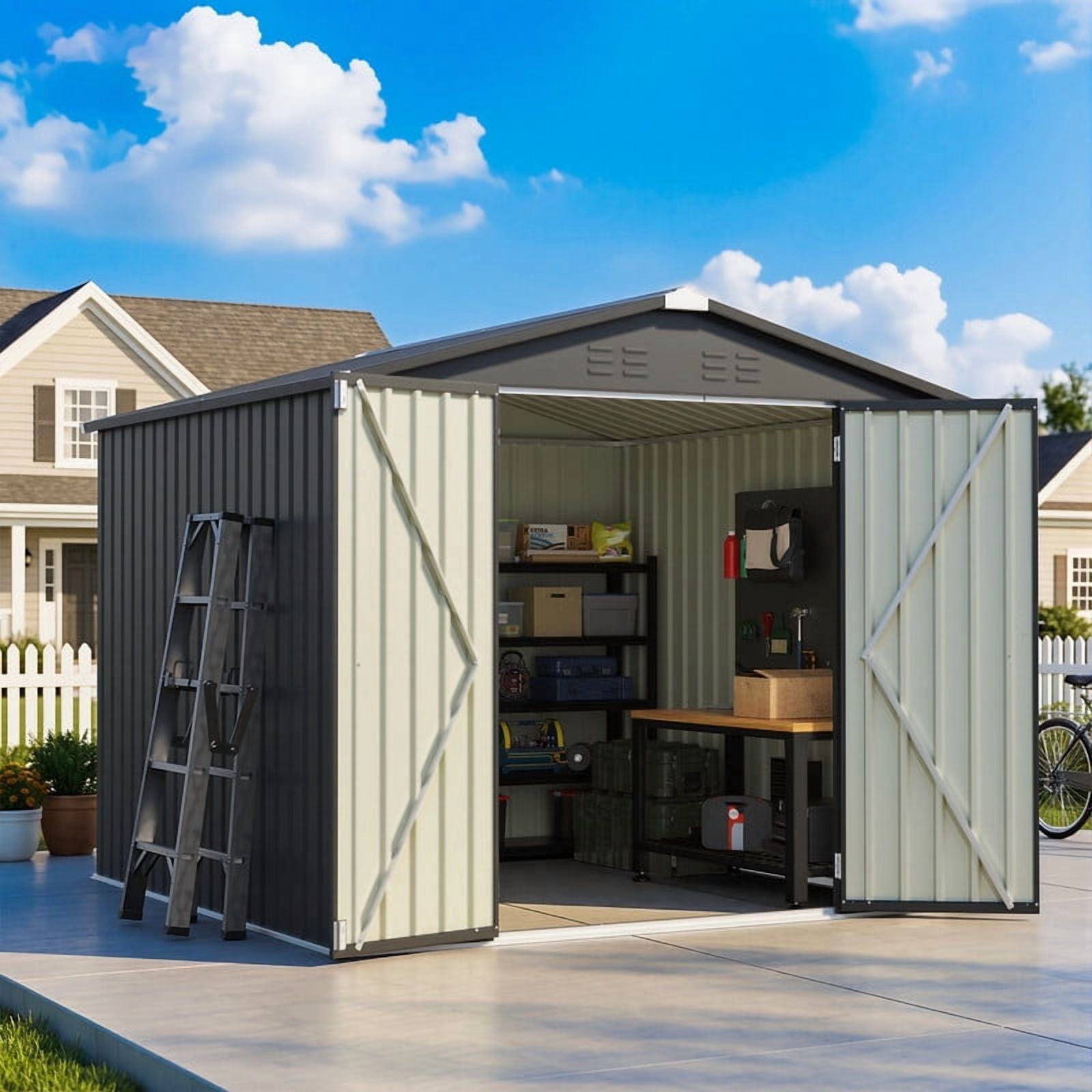 Patiowell 8x8FT Metal Outdoor Storage Shed, Black Heavy-Duty Garden Tool Shed for Tools, Lawn & Pet Supplies