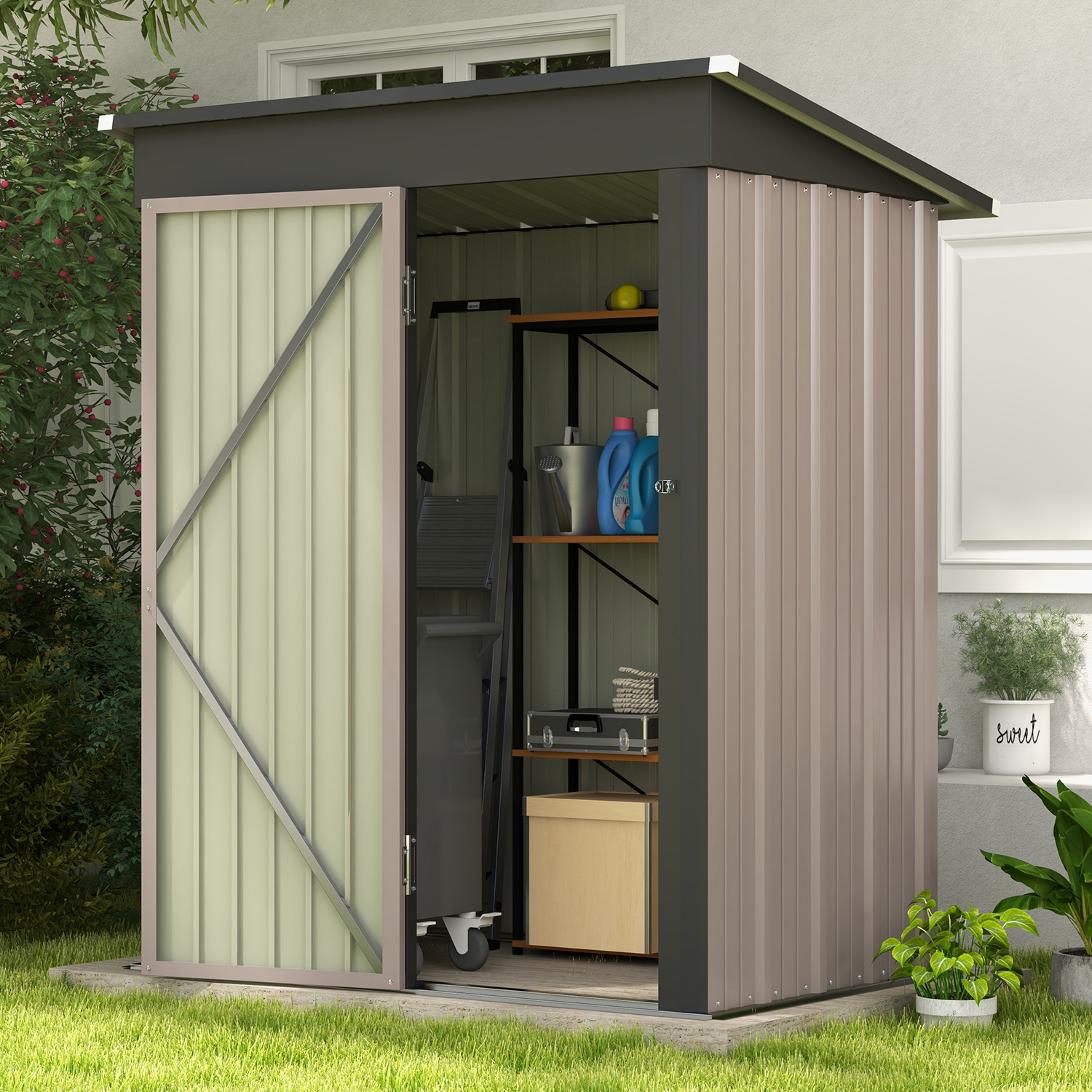 Patiowell Classic 5' x 3' Outdoor Storage Shed Metal Shed with Sloping Roof and Lockable Door, Brown - image 1 of 13
