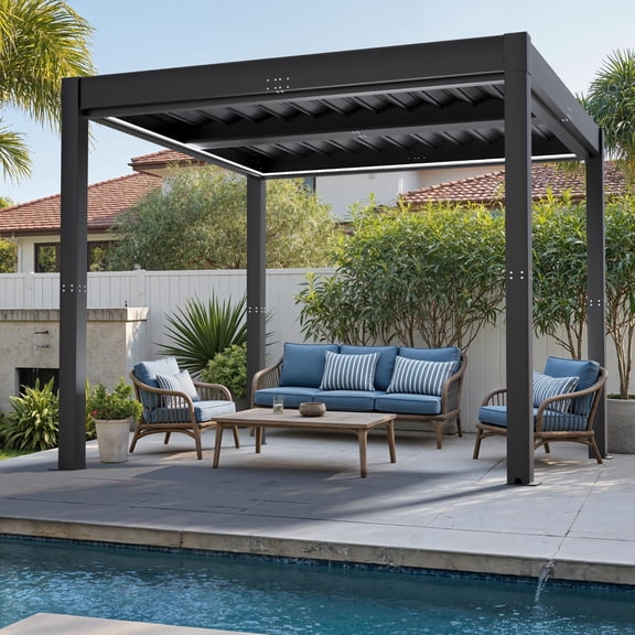 Patiowell Outdoor 10'×10' Pergola Motorized with Retractable Hardtop，Aluminum-Iron Blend Pergola for Patio、Garden, black