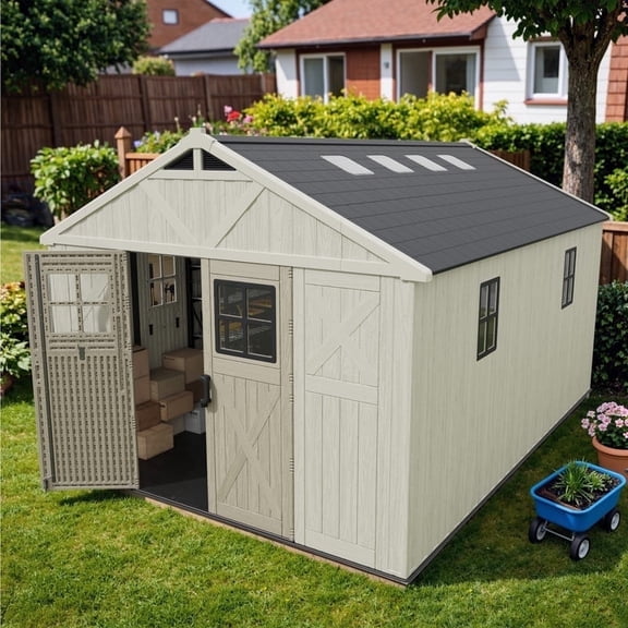 Patiowell, Outdoor Storage Shed 10x14FT, Resin Plastic Tool Room with Skylight and Ventilation, Beige, for Yard/Workshop/Garden