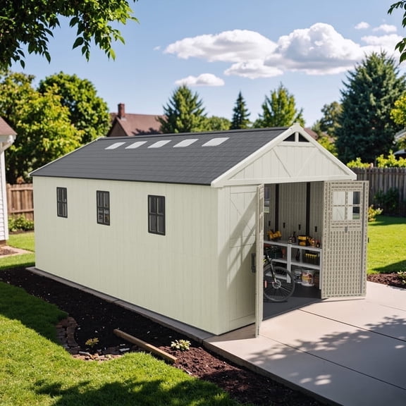 Patiowell, Outdoor Storage Shed 10x16FT, Large Capacity Resin Plastic Tool Room with Skylight, Beige, for Yard/Workshop/Garden