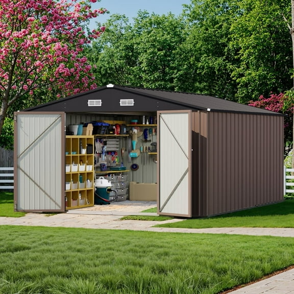 Patiowell, Outdoor Storage Shed Metal 10x14FT, Brown-Black for Garden Tool Patio Equipment Storage