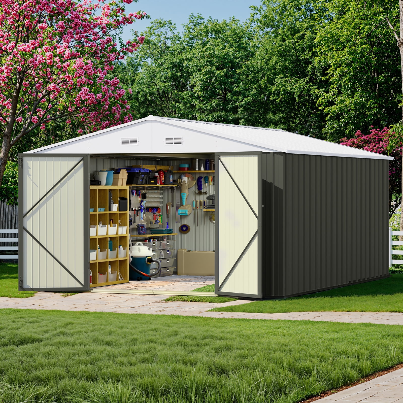Patiowell,Outdoor Storage Shed Metal 10x14FT,Gray-White for Patio Garden Tool Storage