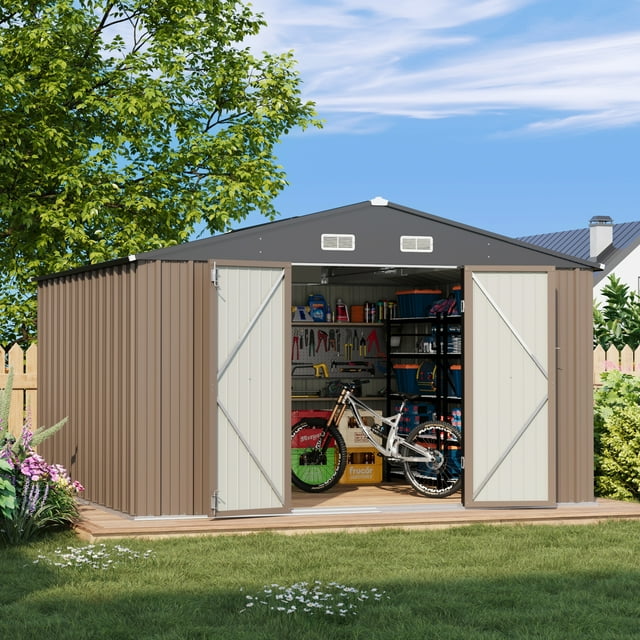 Patiowell Size Upgrade 10 x 10 ft Outdoor Storage Metal Shed with Sloping Roof and Double Lockable Door, Brown