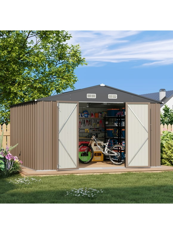 Patiowell Size Upgrade 10 x 10 ft Outdoor Storage Metal Shed with Sloping Roof and Double Lockable Door, Brown