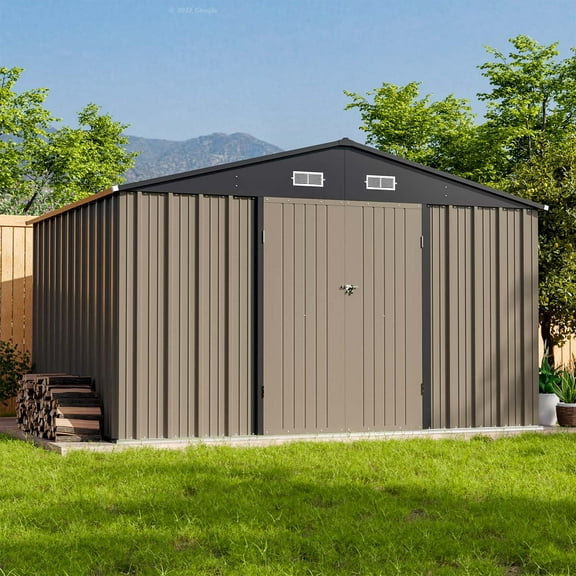 Patiowell Size Upgrade 10 x 8 ft. Outdoor Storage Metal Shed with Sloping Roof and Double Lockable Door, Brown
