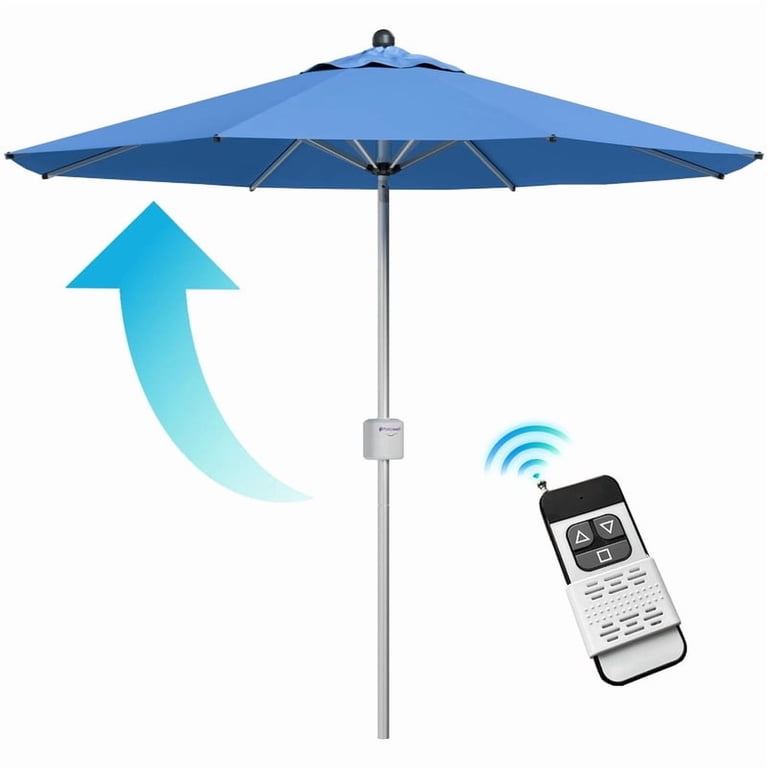 automatic patio umbrellas 9ft Patio Motorized Market Umbrella with Remote & Optional Base, 9FT(Base Not Included) / Light Blue