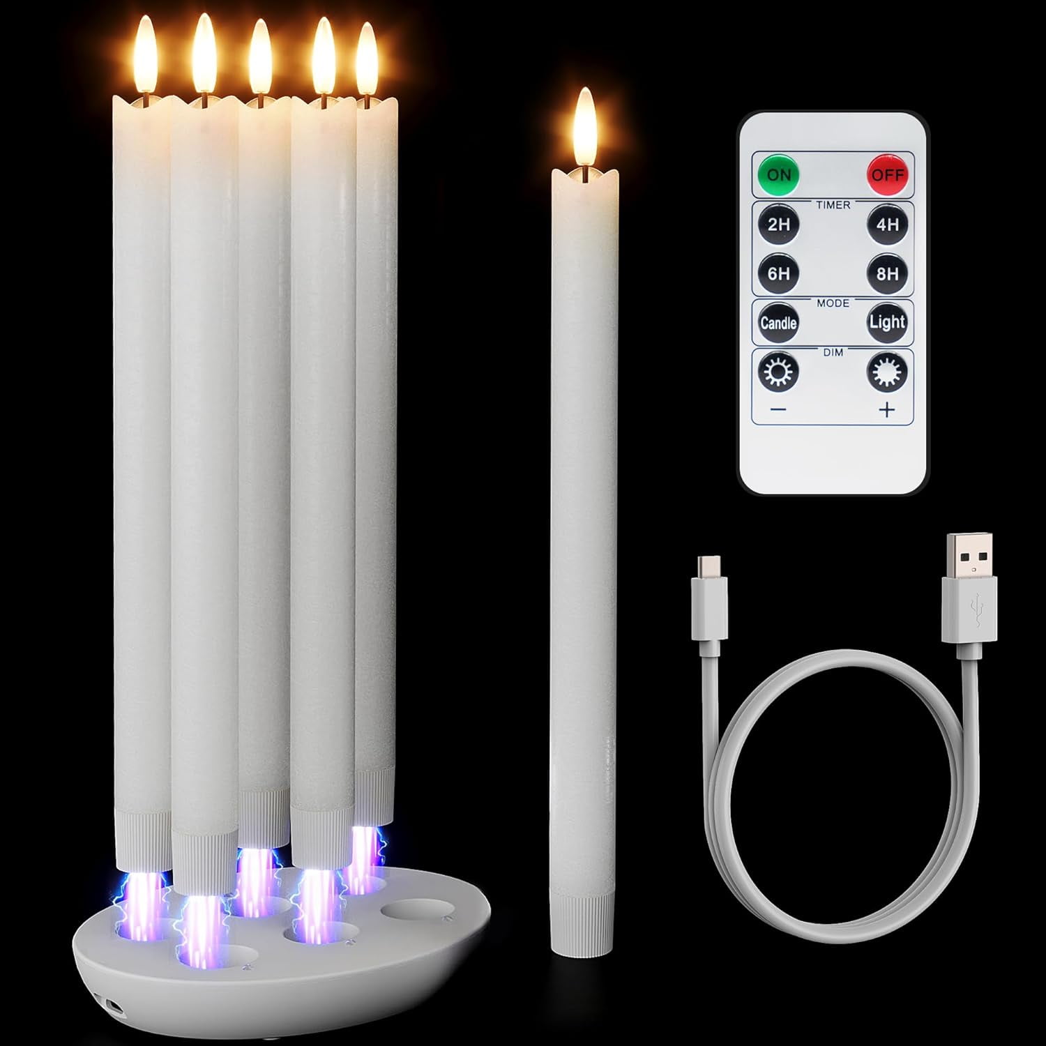 Patiphan Rechargeable Flameless Taper Candles with Charging Station, 6