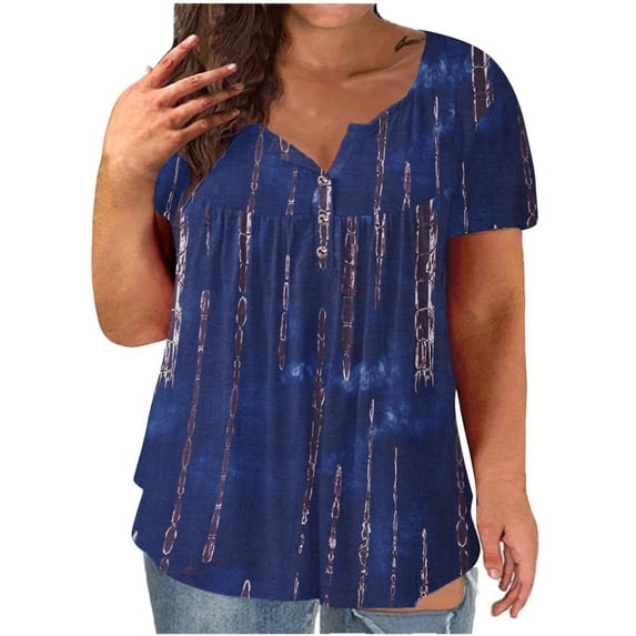 Patlollav Women Plus Size Tshirt Loose Button V Neck Tunic Shirts Summer Print Henley Shirts Lightweight Going Out Blouse Tee