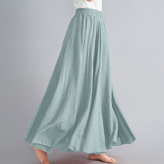 Patlollav 2024 Womens Dress,Women Casual Summer Large Solid Elastic Waist Flax A-Line Ankle Skirt,Sizes Free Size