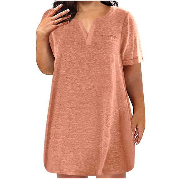Patlollav 2024 Womens Dresses,Women'S Plus Size Casual Loose Summer Solid Color V-Neck Short Sleeve Dresses
