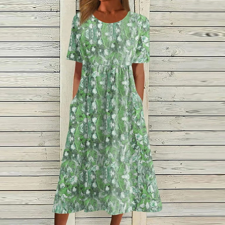 Patlollav Dress for Women's Summer Casual Round Neck Short Sleeve Floral Printed Knee Length Dresses, Size: Medium, Black
