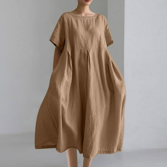 Patlollav 2025 Plus Size Dresses Women Summer Casual Round-Neck Short Sleeve Solid Dress