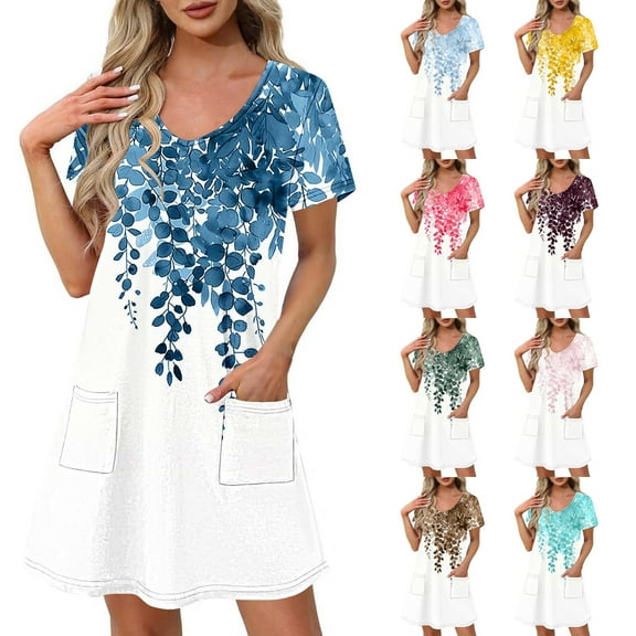 Patlollav 2025 Pocket Dresses for Women Summer Print Short-Sleeve V-Neck Casual Dress