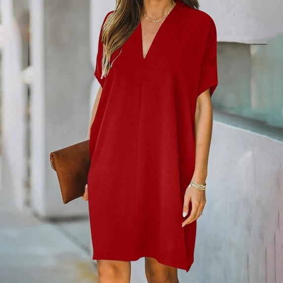 Patlollav 2025 Women Summer Casual V-Neck Short Sleeve Solid Dress