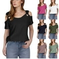 thumbnail image 1 of Patlollav 2025 Womens Fashion Casual Solid Color Shoulder Leakage Pullover Short Sleeve Tops, 1 of 6