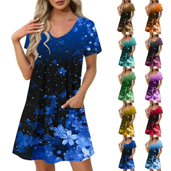 Patlollav Womens Fashion Summer Print Short-Sleeved V-Neck Casual Dress