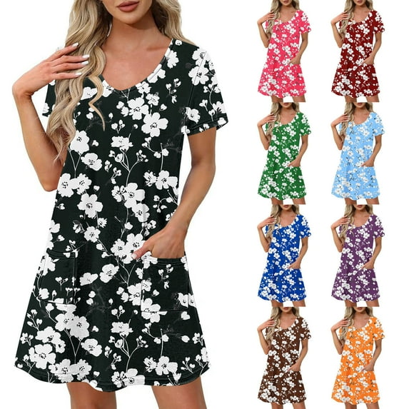 Patlollav 2025 Womens Fashion Summer Print Short-Sleeved V-Neck Casual Dress