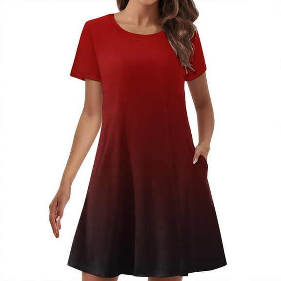 Patlollav 2025 Womens Summer Gradient Color Double Pocket Short Sleeve Round Neck T-Shirt Dress