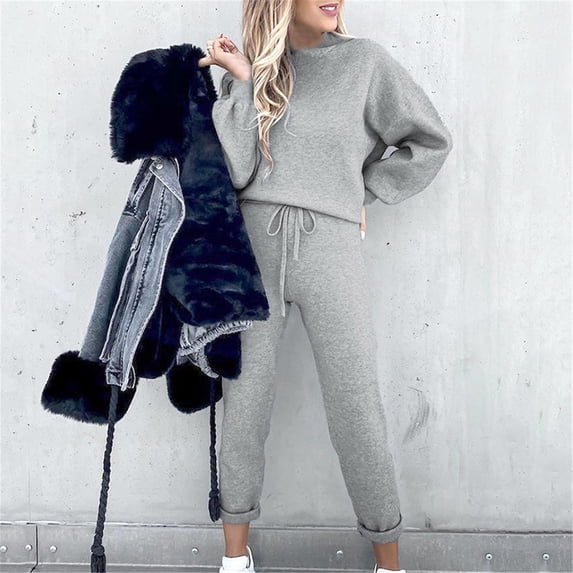 Patlollav 2Pcs Womens Round Neck Solid Long Sleeve Blouse+Loose Pants Sets