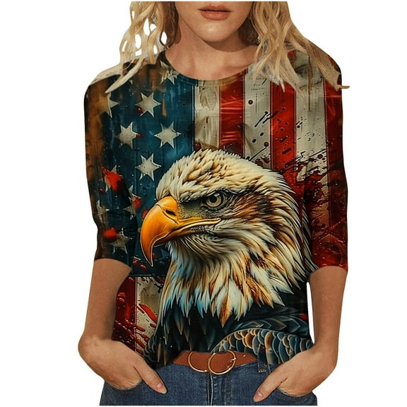 Patlollav 3/4 Length Sleeve Womens Tops 2025 Summer Round Neck Shirts Three Quarter Sleeve Tshirts Independence Day