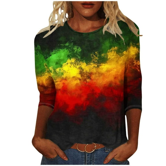 Patlollav 3/4 Length Sleeve Womens Tops Casual Loose Fit Crewneck T Shirts Cute Print Three Quarter Length Tunic Tops