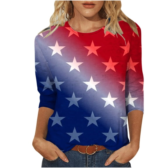 Patlollav 3/4 Length Sleeve Womens Tops Independence Day Print Loose Fit Crewneck T Shirts Three Quarter Length Tunic Tops