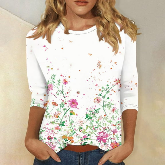 Patlollav 3/4 Length Sleeve Womens Tops Round Neck Loose Spring Summer Tee Shirts Dressy Casual Independence Day Blouses