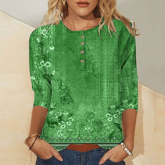 Patlollav 3/4 Sleeve Shirt for Women's Fashion Printed T-Shirt Mid-Length 3/4 Sleeves Blouse Round Neck Casual Tops