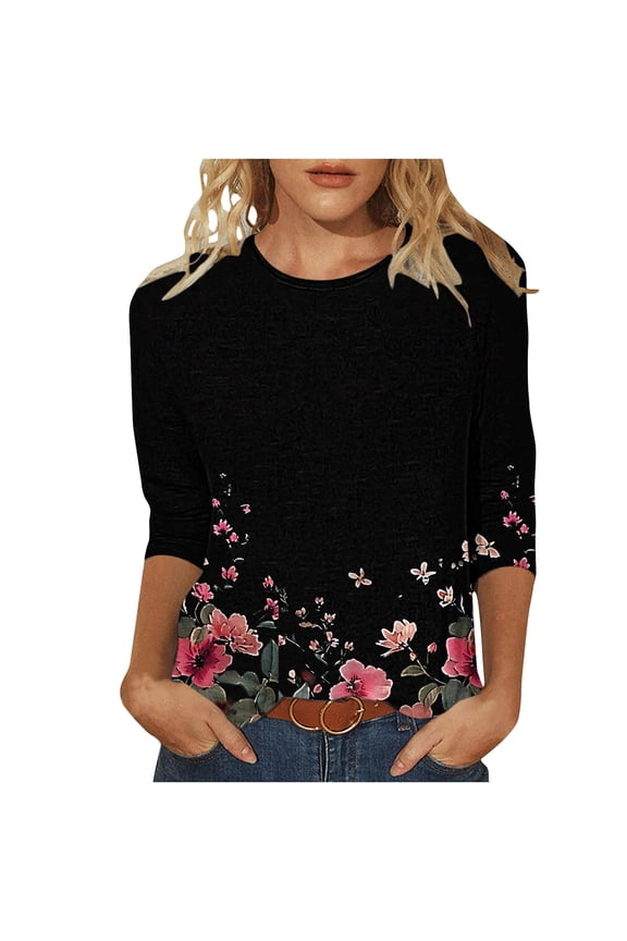 Patlollav 3/4 Sleeve T-Shirt for Women's Fashion Tees Casual Crewneck 3/4 Sleeve Ladies Loose Blouses Shirts