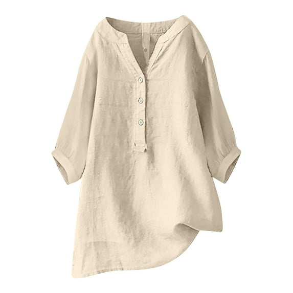 Patlollav 3/4 Sleeve Tops for Women Cotton Linen V Neck Solid Dressy Casual Shirts Ladies Loose Blouses