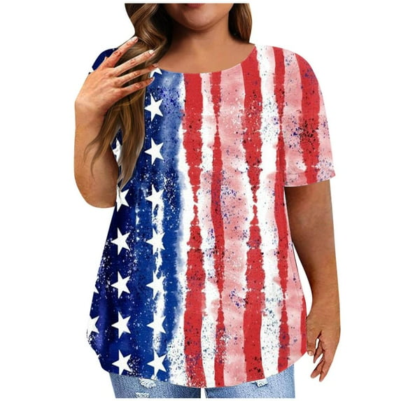Patlollav 4Th Of July Plus Size Tshirt For Women Star Stripe Print Short Sleeve Tops Independence Day Patriotic Tee Shirts