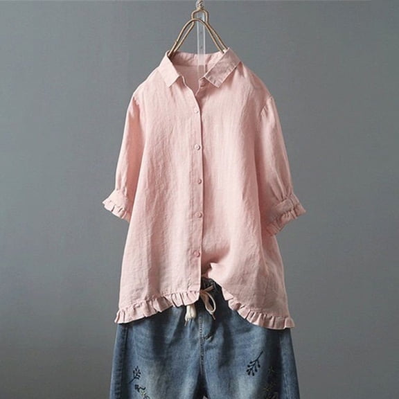 Patlollav 50% off Womens Summer Shirts V-Neck Short Sleeve Loose Button Cotton and Linen Tunic Shirt Blouse