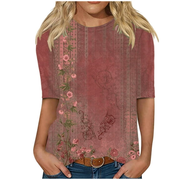 Patlollav 50% off Womens Tops Half Sleeve Shirts Round Neck Loose Casual Blouses Floral Print Tshirts