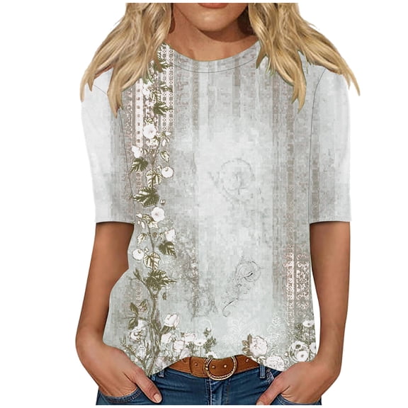 Patlollav 50% off Womens Tops Half Sleeve Shirts Round Neck Loose Casual Blouses Floral Print Tshirts