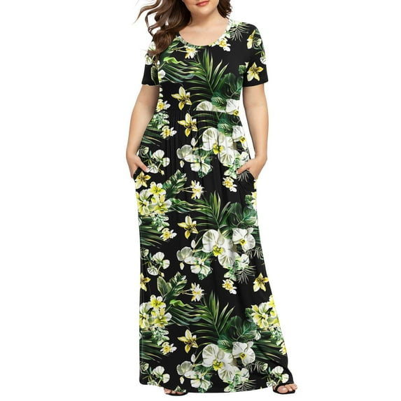 Patlollav Ankle Dress for Women Plus Size Printed Casual Short Sleeve Round Neck Pleated Pocket Dresses