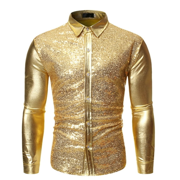 Patlollav Autumn Shirts Mens Lapel Cool Sequined Hot Stamping Process Dance Shirt