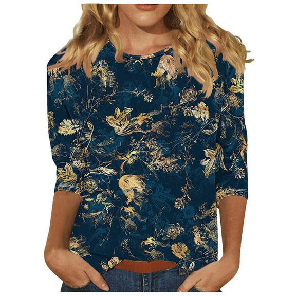 Patlollav Black Blouses Womens Irregular Print Round 3/4 Sleeve T-Shirt Tops Seven Sleeve Shirt Up to 50% off