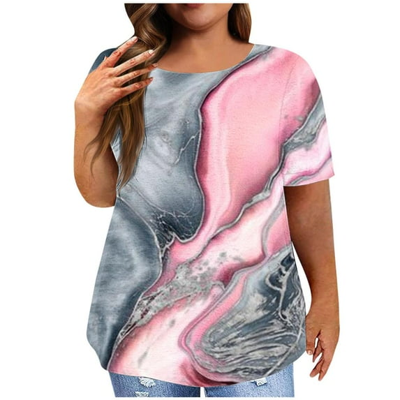 Patlollav Blouses for Women Plus Size Tops Trendy Marbel Print Short Sleeve Tshirts Casual Summer Shirts